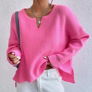 Pink Preppy Womens Notched Neck Drop Shoulder Split Hem Sweater